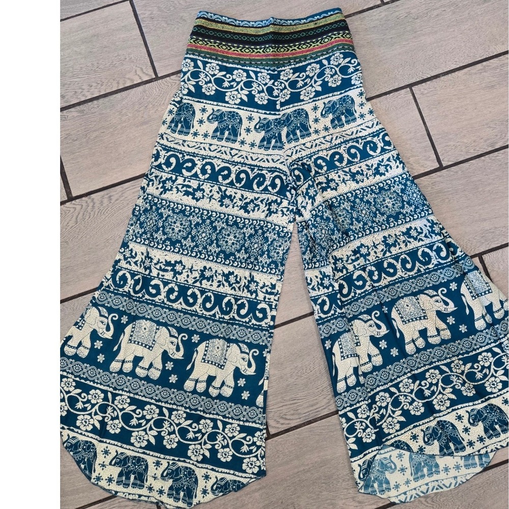Kathmandu Imports Teal Elephant Print Wide Leg Palazzo Pants Boho Smocked Waist